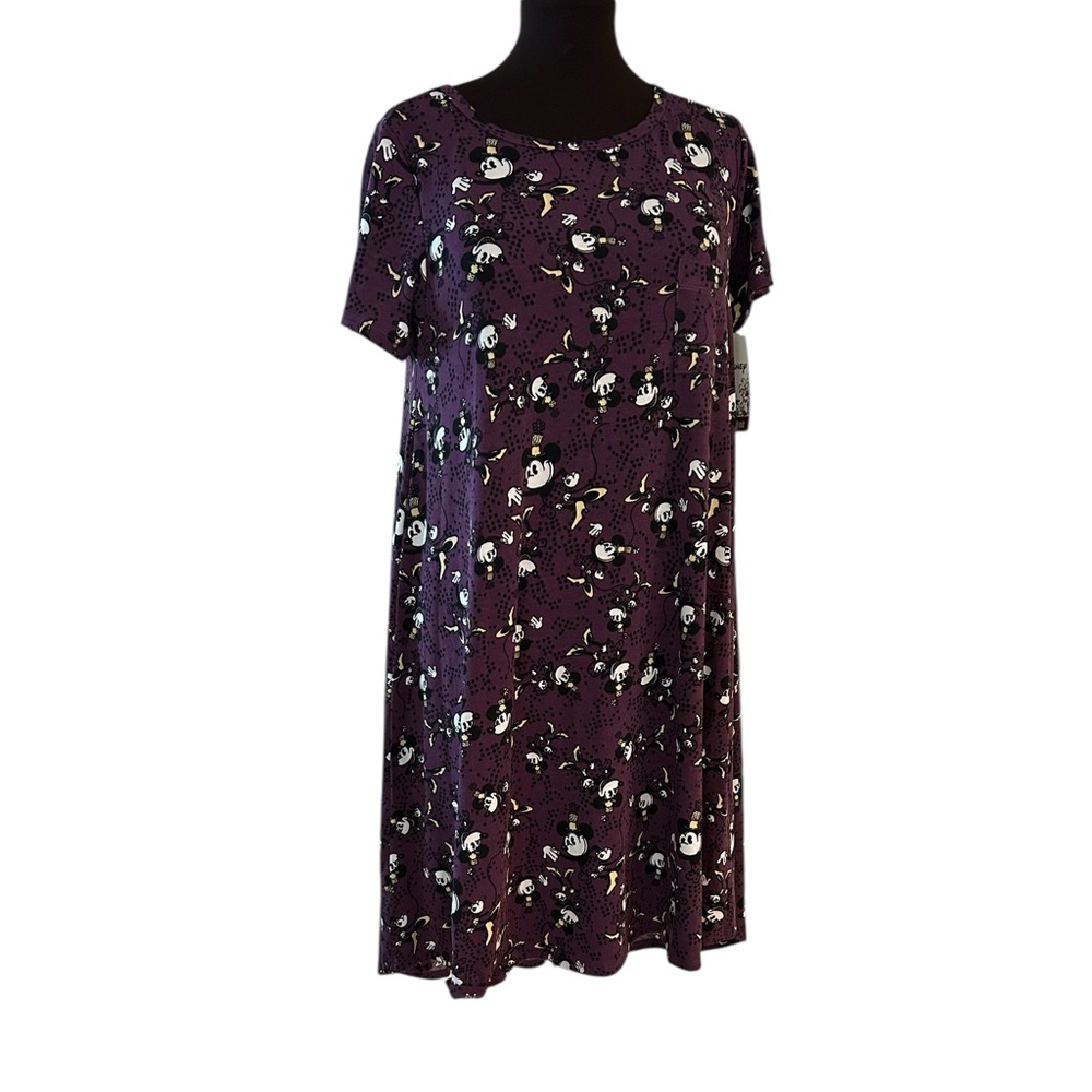 LuLaRoe Disney Carly Dress L Purple Black White Minnie Mouse Dots New Sz 14-16